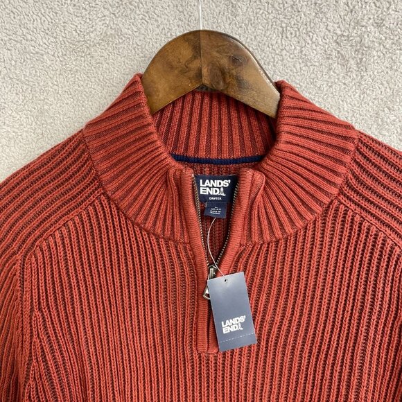 NEW Lands' End Drifter Men's L Ribbed Cotton Sweater Rust Red Mock neck -65 - Picture 12 of 13